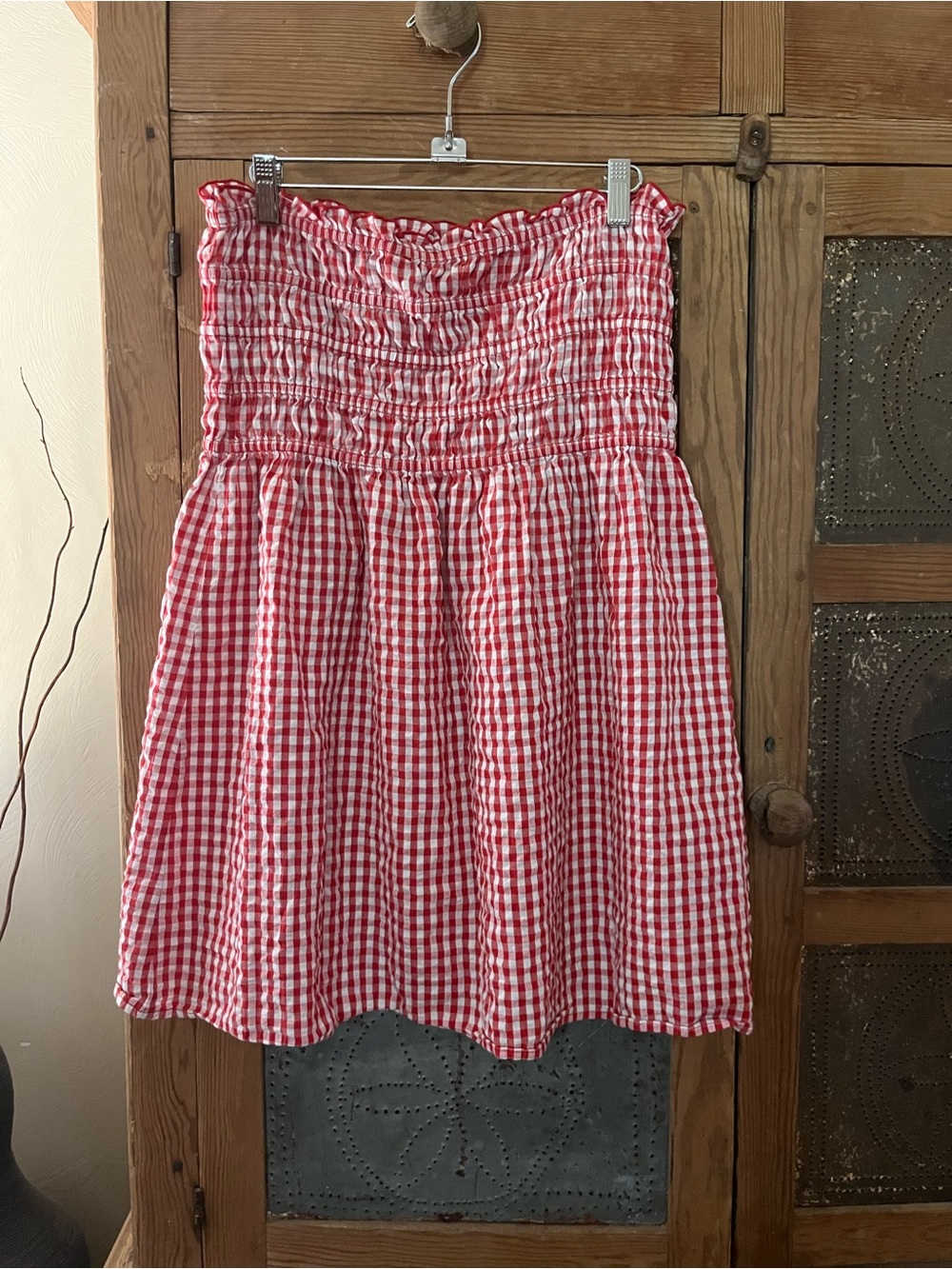 Free People Red & White Gingham Strapless Smocked Top